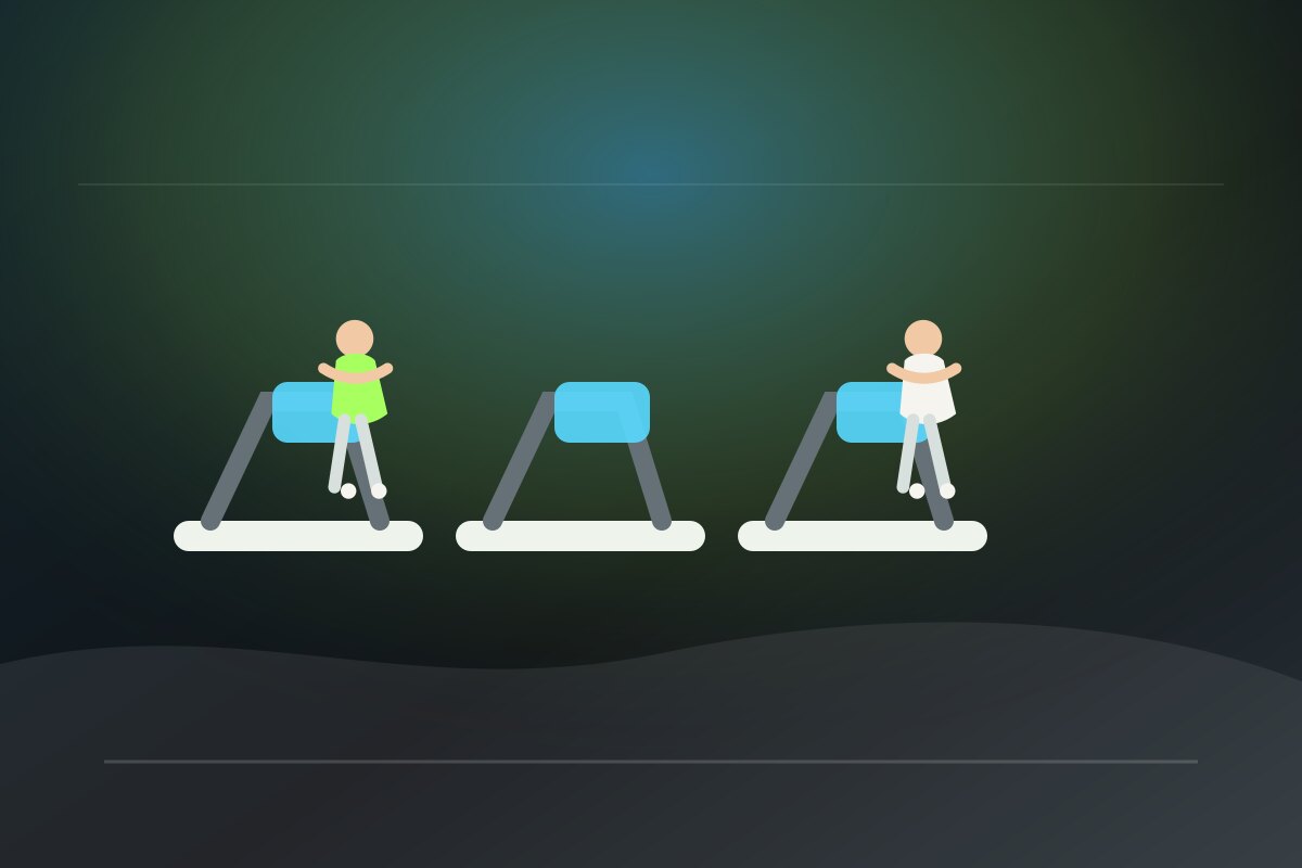 Cardio z bieżniami i rowerami ustawionymi w jasnej sali fitness.